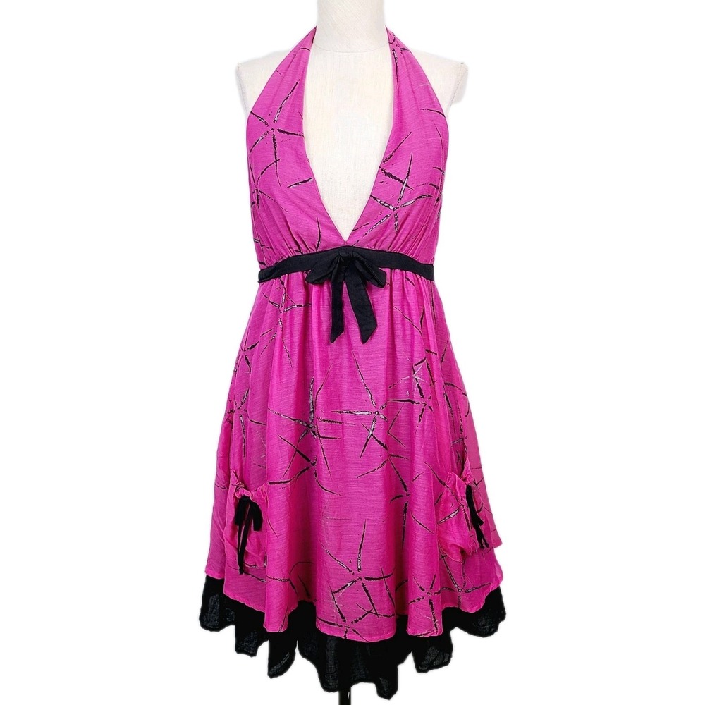 Eva Franco Anthropologie Halter Dress‎ 6 Pink Black Silk Blend Tiered Mini Party
